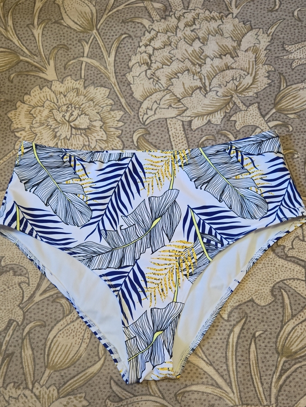 High-Waist Tropical Leaf Print Bikini Bottoms - Blue & Yellow 1X
